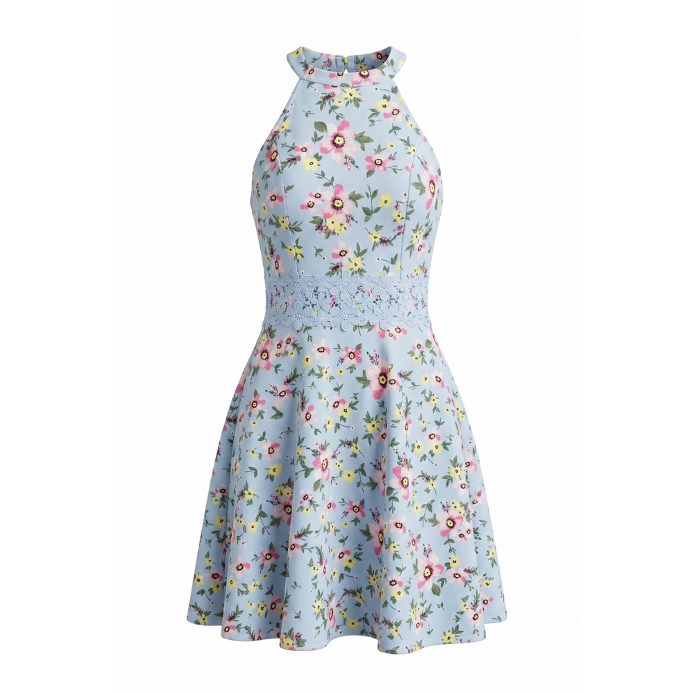 No Boundaries Light Blue Floral Halter Skater Dress Crochet Waist Cutout Small